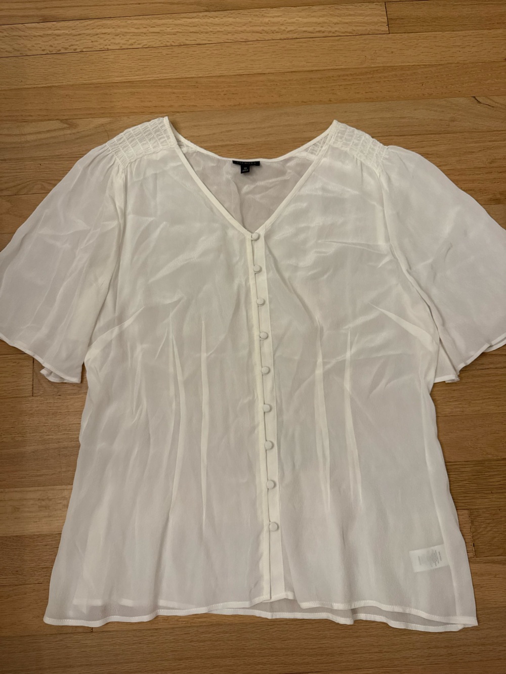 Talbots Size 10 White Sheer Lightweight Flutter Sleeve Button Front Blouse